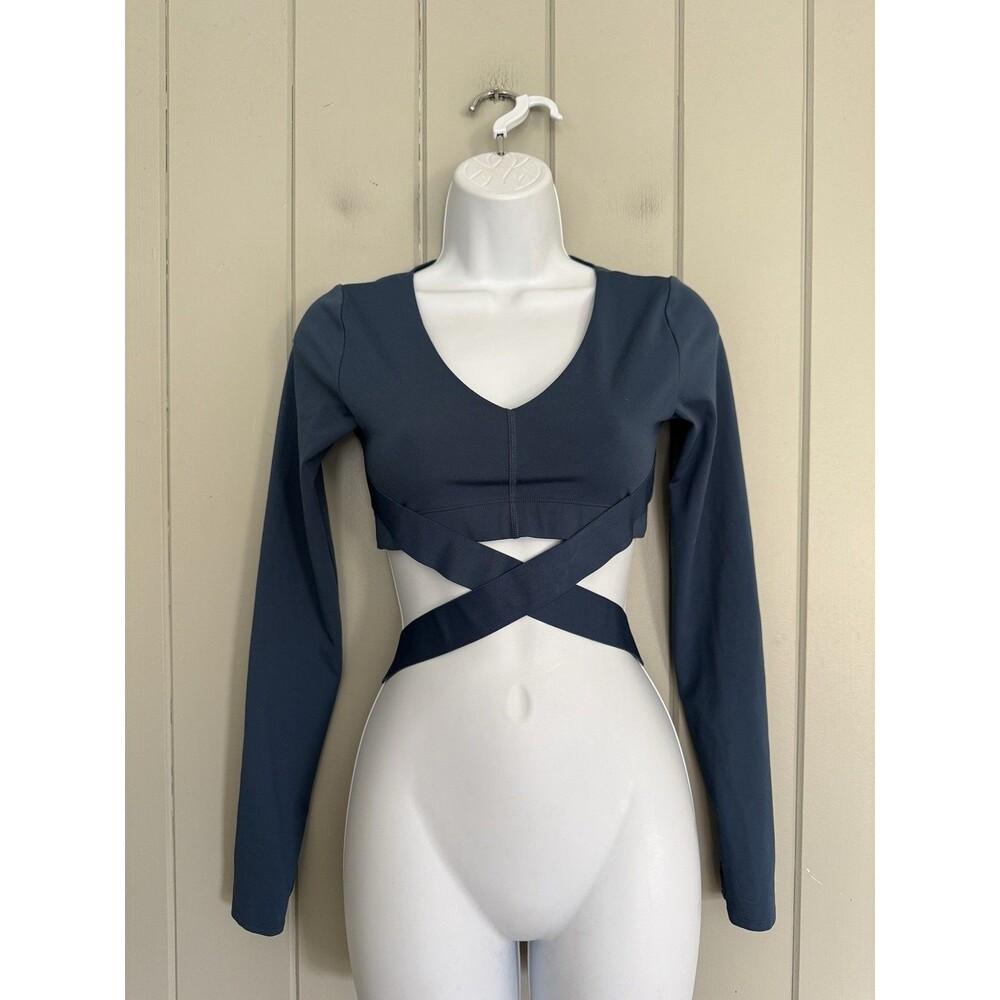 Le Ore Long Sleeve Wrap Crop Top S Small Blue Stretch Active Revolve